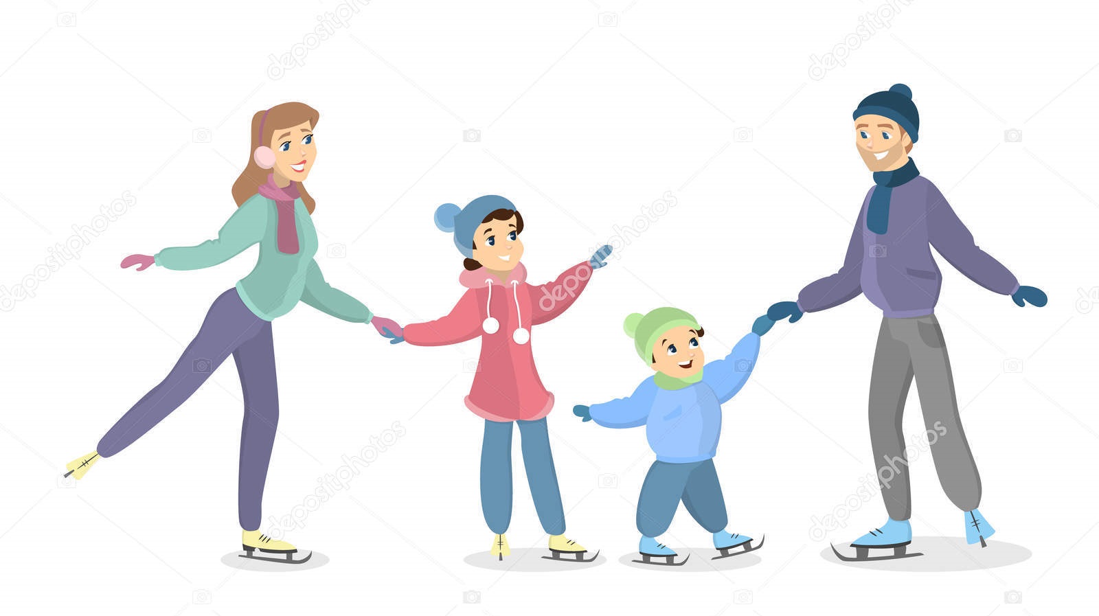 Дети с родителями катаются на коньках
